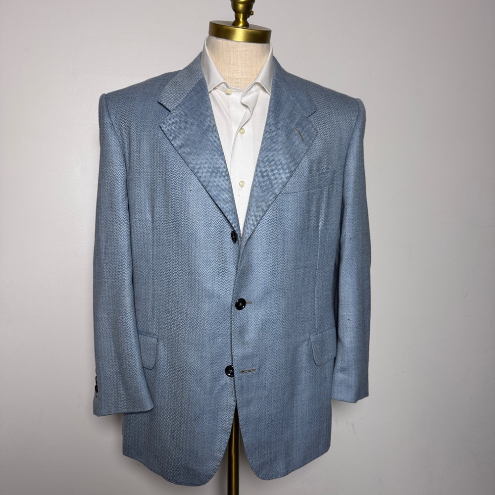 Holland & Sherry Bespoke Blazer Mens 40S Light Blue Herringbone Wool 3-Button